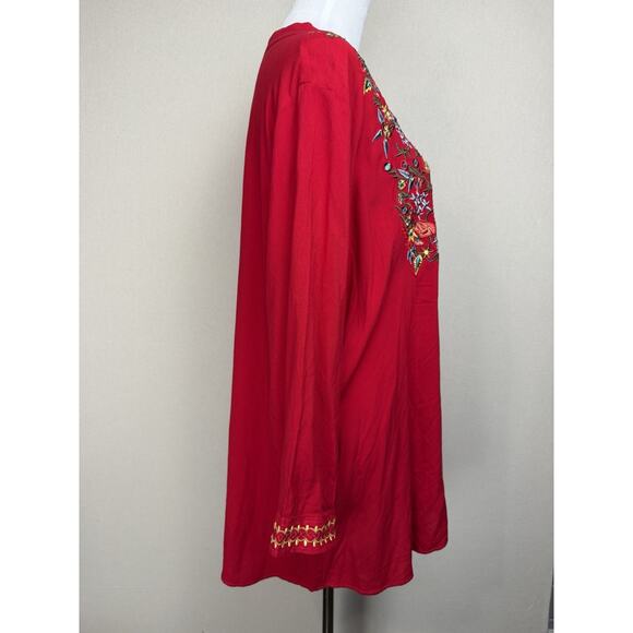 64 Sixty-Five XXL Red Embroidered Top Boho Blouse V-neck Tunic Long Full Sleeves - Picture 5 of 16